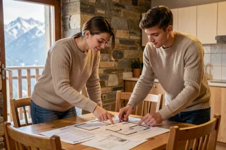 Jeune couple étudiant des documents immobiliers pour l'achat d'un appartement en Andorre à petit prix