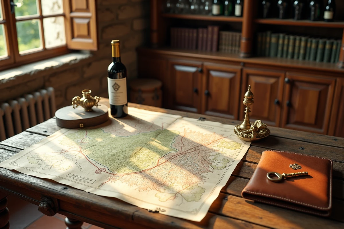 Bureau d'un domaine viticole bordelais avec documents de vente, carte parcellaire et bouteille de vin personnalisée sur une table en bois