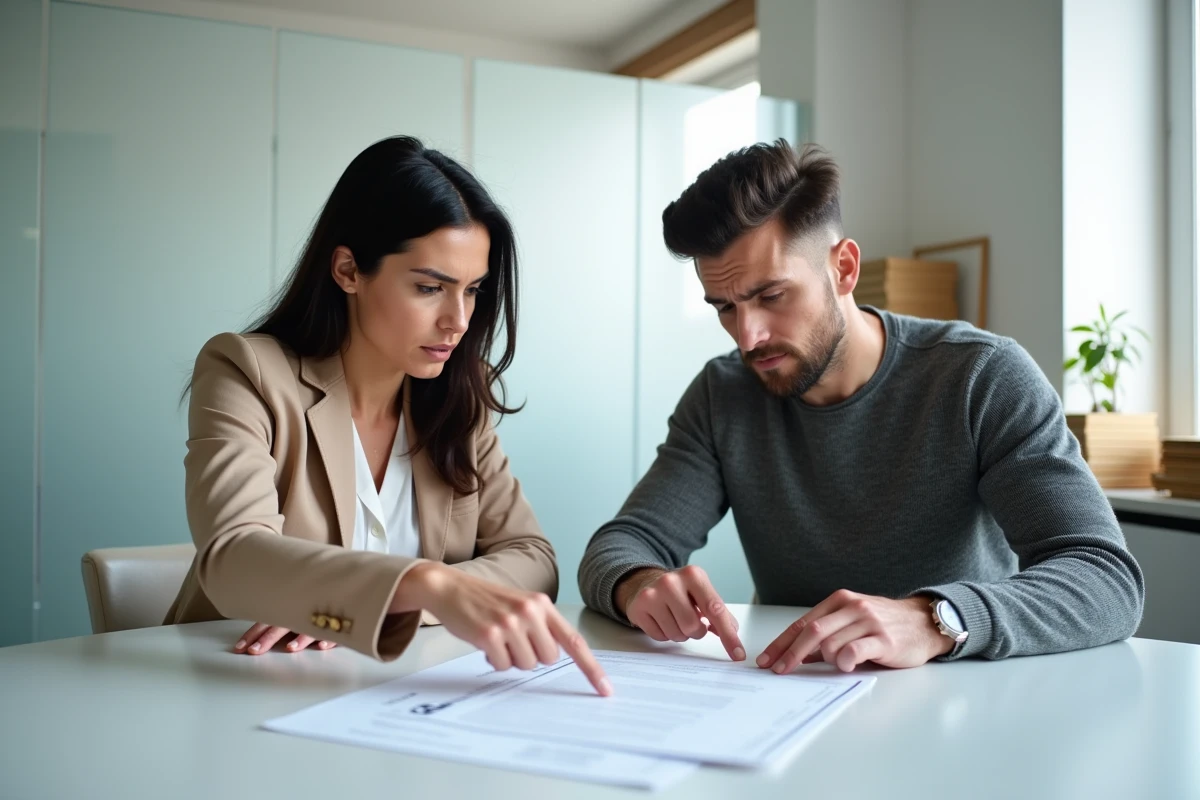Couple d'acheteurs immobiliers découvrant une coche de notaire sur leur compromis de vente dans une étude notariale