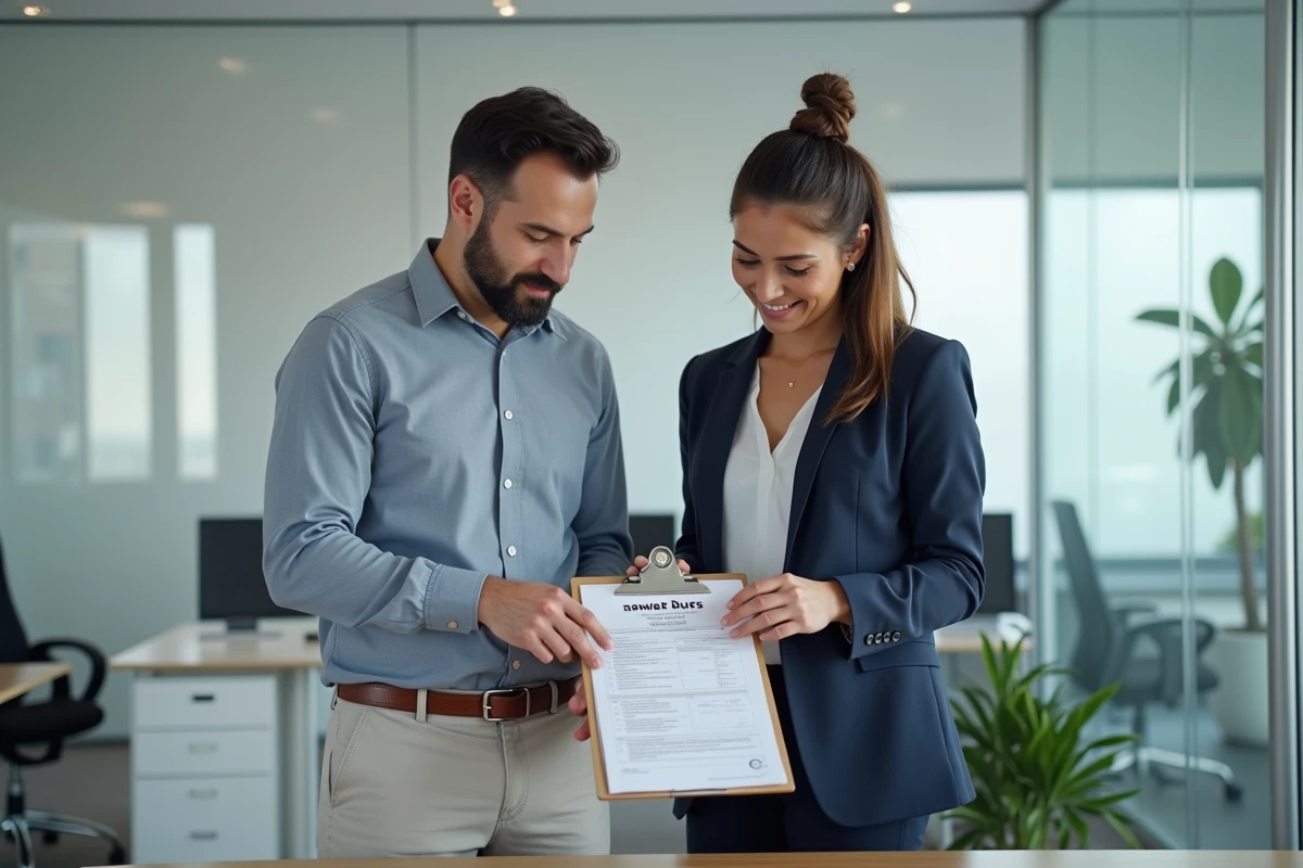 Deux professionnels de l'immobilier vérifiant ensemble un formulaire APL destiné à la CAF