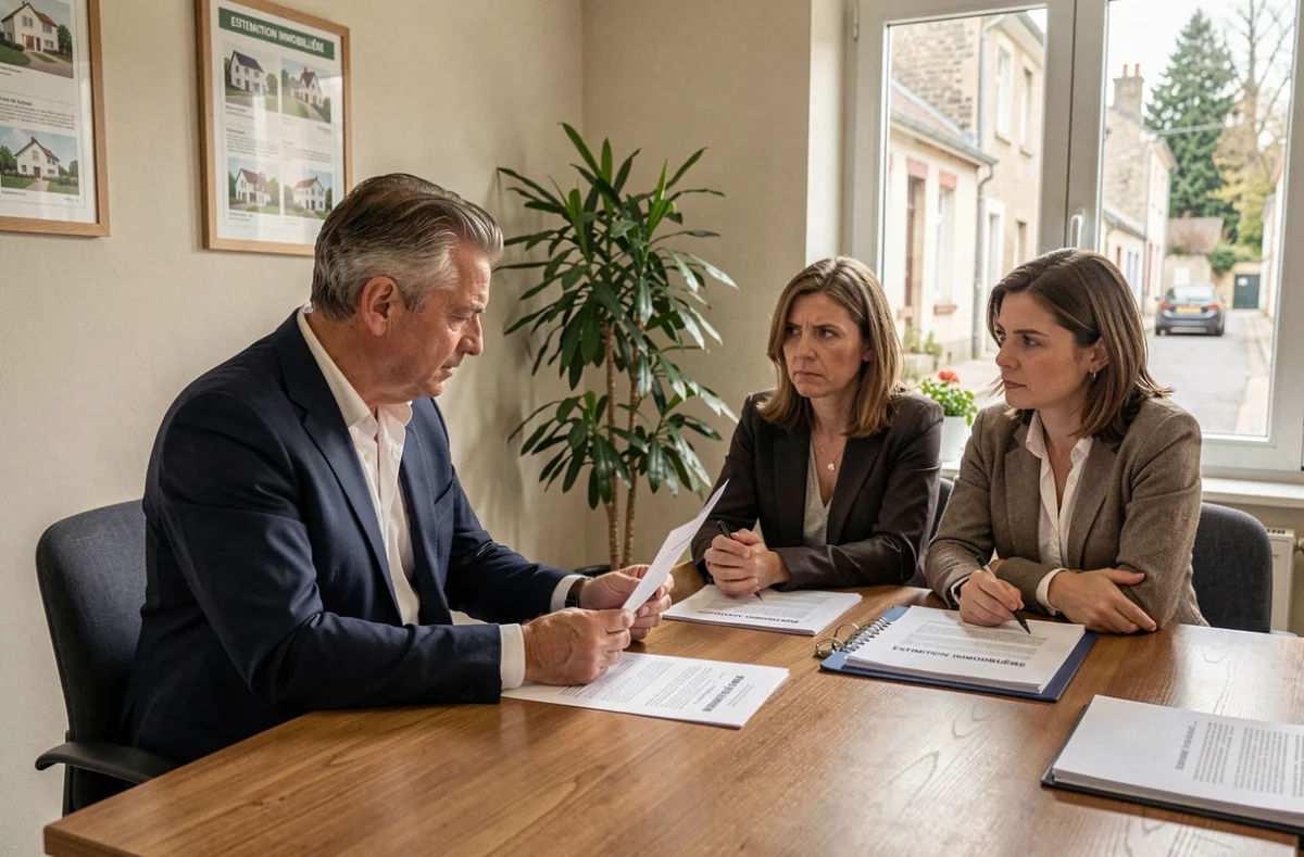 Agent immobilier spécialisé en vente urgente conseillant un couple en instance de divorce dans une agence de l'Oise