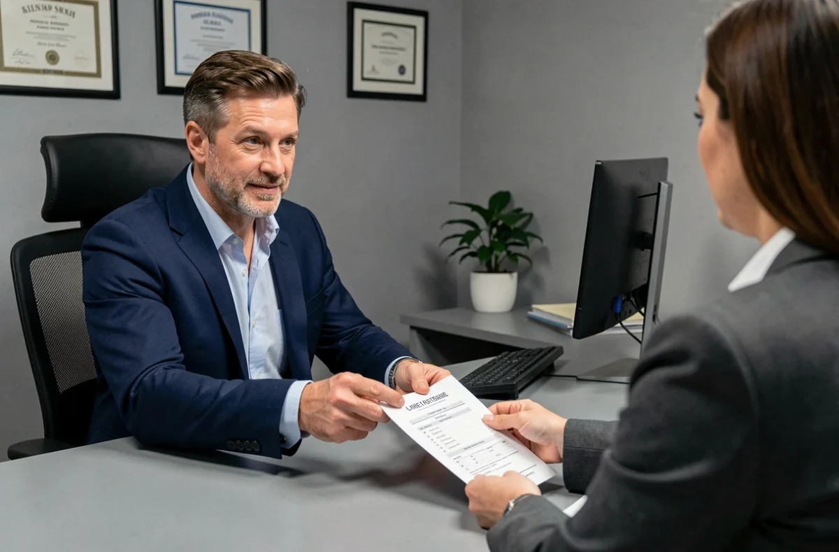 Agent d'assurance présentant un devis d'assurance habitation à un client dans un bureau professionnel