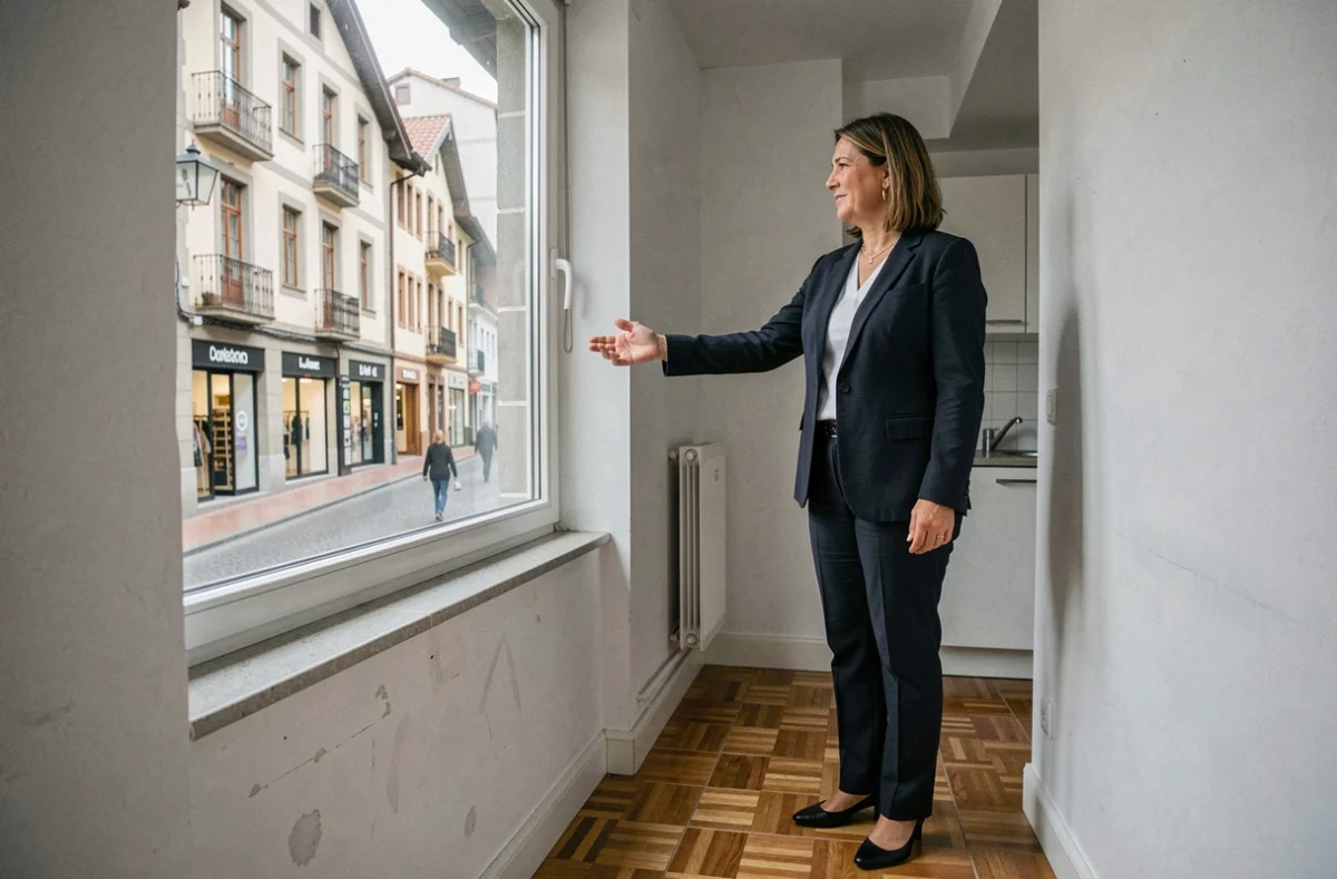 Agent immobilière présentant un appartement abordable à Andorre la Vella avec vue sur la rue commerçante