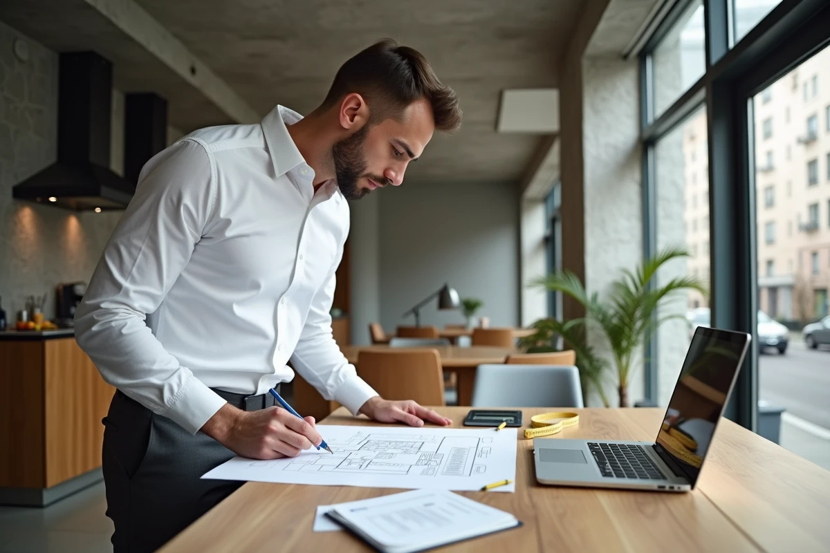 Agent immobilier annotant un plan de sol pour le calcul de surface loi Carrez avec mètre ruban et documents