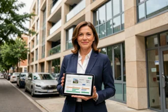 Agent immobilier professionnelle tenant une tablette avec une estimation de prix devant un immeuble moderne