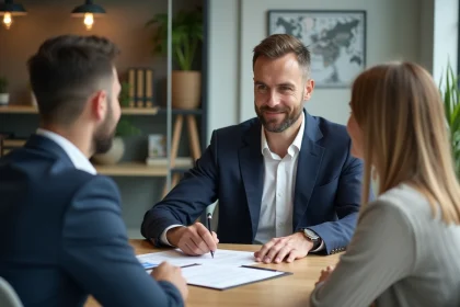 Agent immobilier expliquant les honoraires à la charge du vendeur à un couple autour d'un contrat de vente