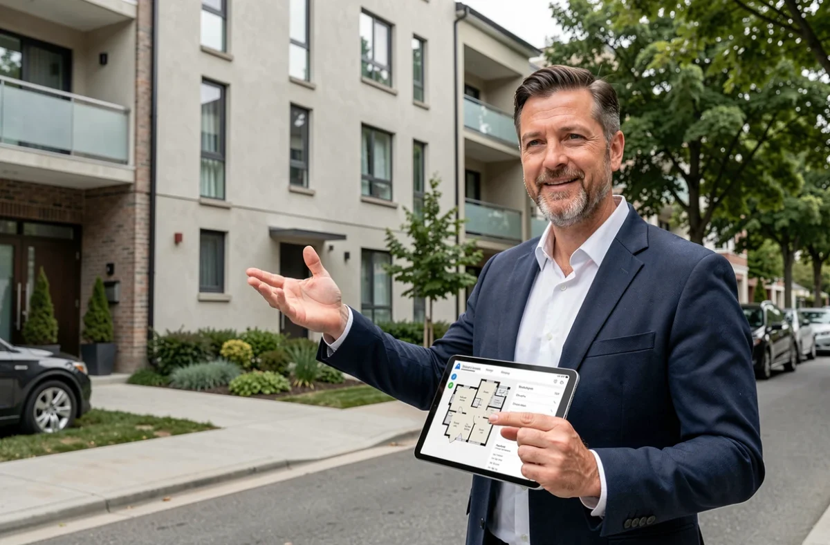 Agent immobilier présentant un immeuble résidentiel neuf à un potentiel acquéreur lors d'une visite de bien immobilier