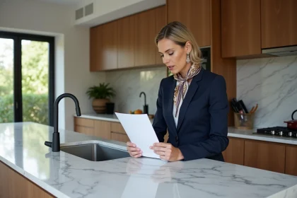 Agent immobilier confiante en costume navy dans une maison moderne