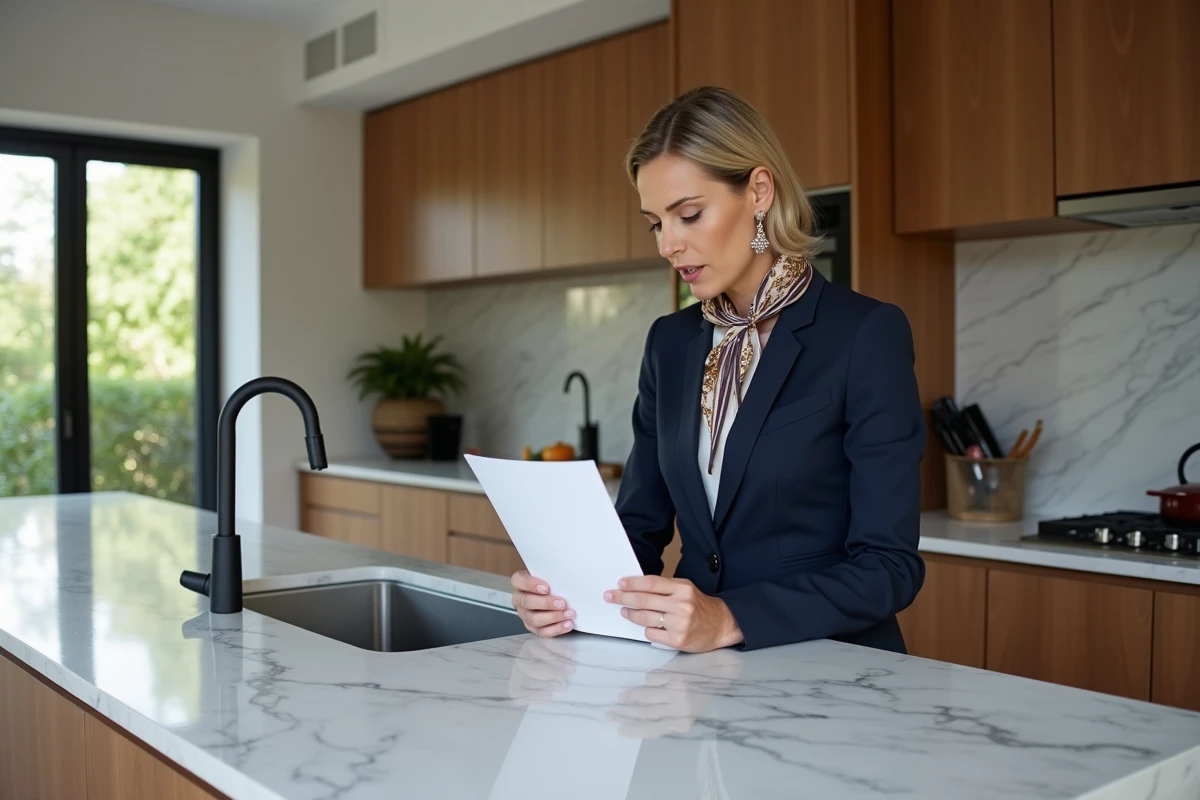 Agent immobilier confiante en costume navy dans une maison moderne