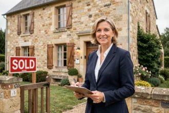 Agent immobilier devant une maison en pierre à vendre en exclusivité à Beauvais