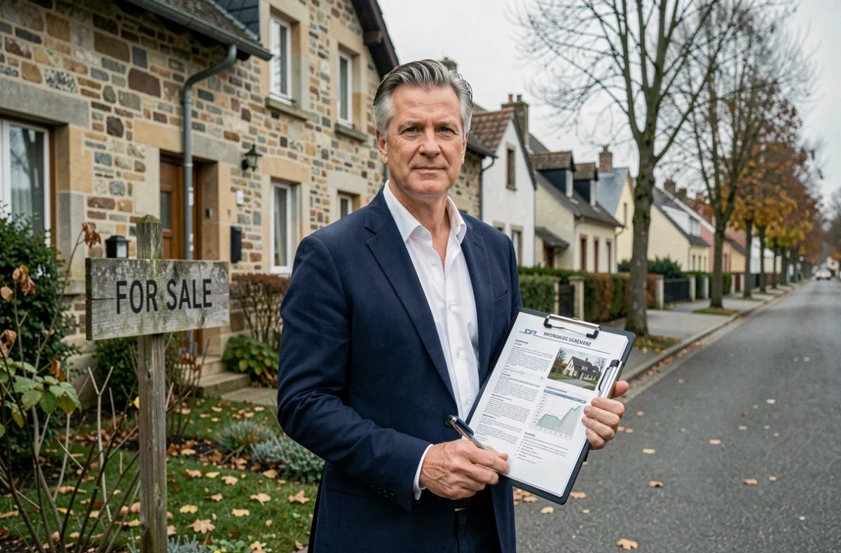 Agent immobilier devant une maison en vente en Moselle tenant des documents pour une transaction urgente liée à un divorce