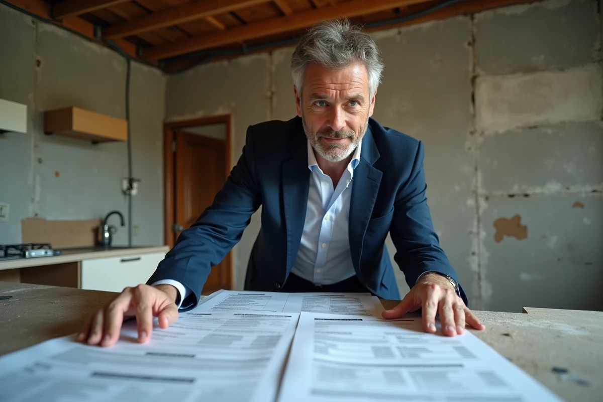 Agent immobilier présentant une offre d'achat sur un comptoir dans une cuisine en cours de rénovation