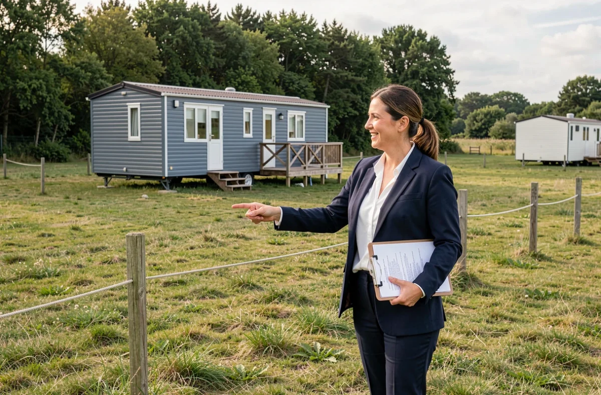 Agent immobilier présentant une parcelle de terrain avec mobil-home en Vendée à un potentiel acquéreur