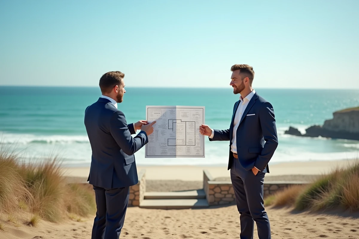 Agent immobilier présentant un terrain en bord de mer à des investisseurs pour un projet de location saisonnière