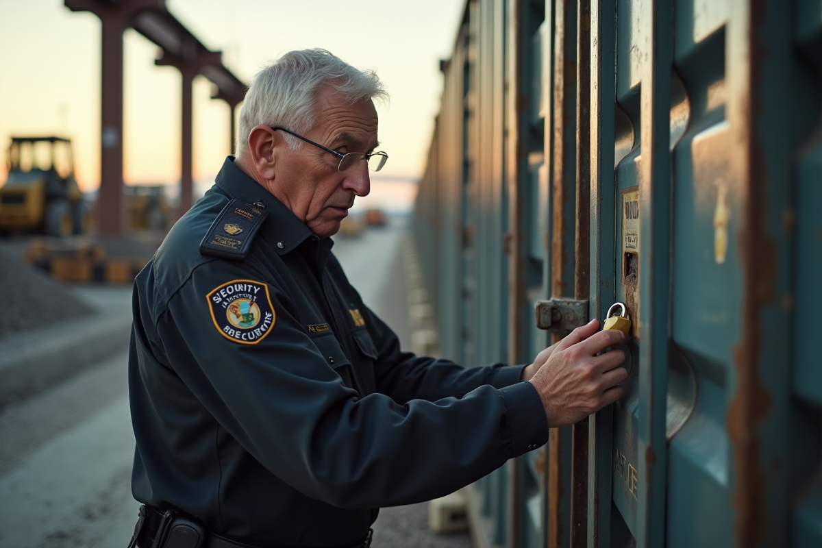 Agent de sécurité vérifiant un cadenas cassé sur un site