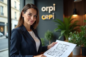 Agent immobilière Orpi examinant des documents dans une agence parisienne moderne avec vue sur la rue haussmannienne