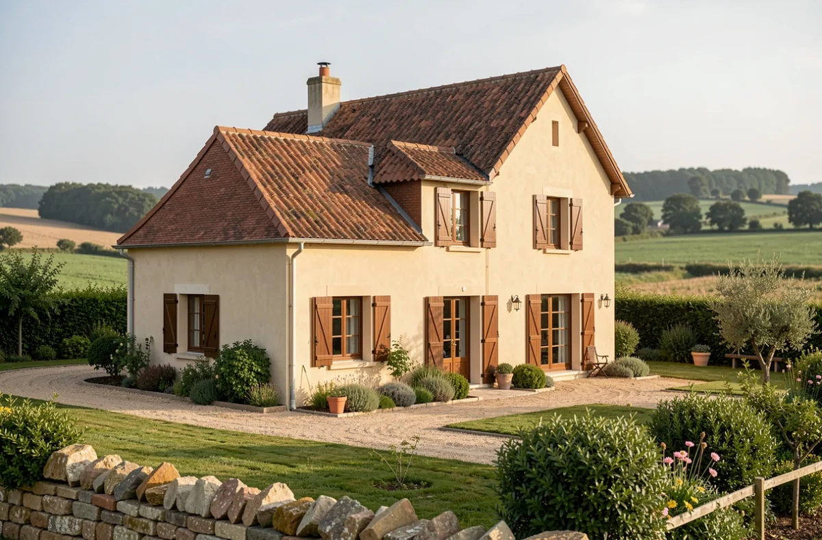 Maison construite par Alliance Construction en Vendée, style traditionnel vendéen avec volets bois et tuiles terracotta