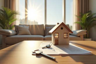 Intérieur lumineux d un appartement moderne avec documents et clés