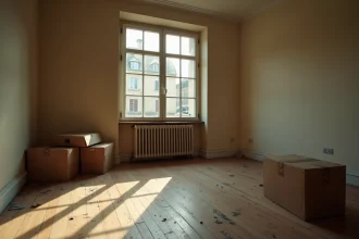 Appartement vacant avec sols en parquet poussiéreux et cartons abandonnés, illustrant la problématique de la taxe sur les logements vacants