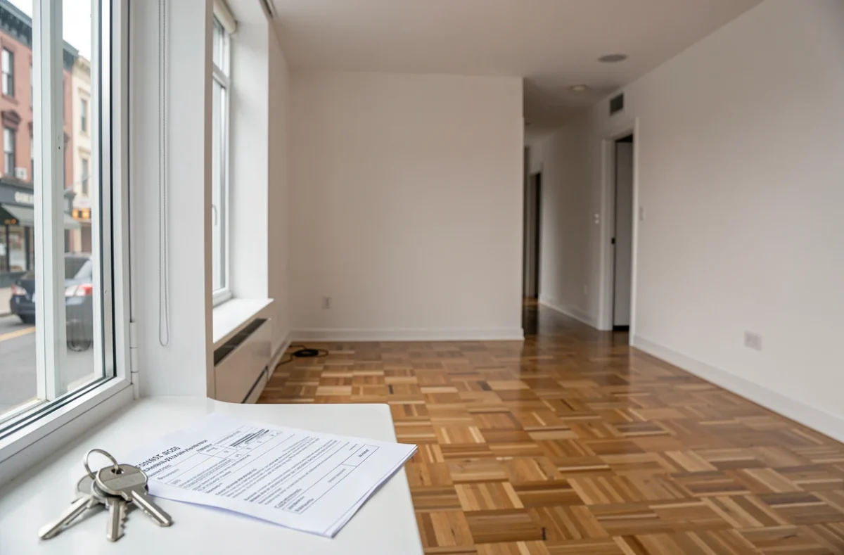 Appartement vide mis en location avec clés et contrat de bail sur le rebord de fenêtre
