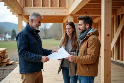 Architecte souriant avec couple sur chantier bois