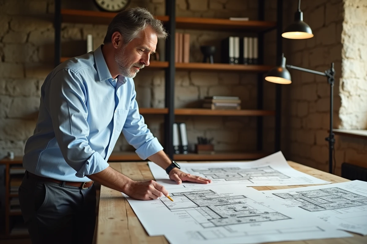 Architecte étudiant des documents de permis de construire en zone naturelle sur une table en bois dans un bureau rustique en pierre