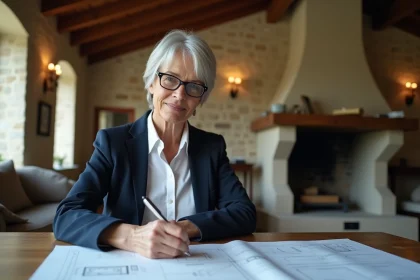 Femme architecte examine des plans dans un intérieur ancien
