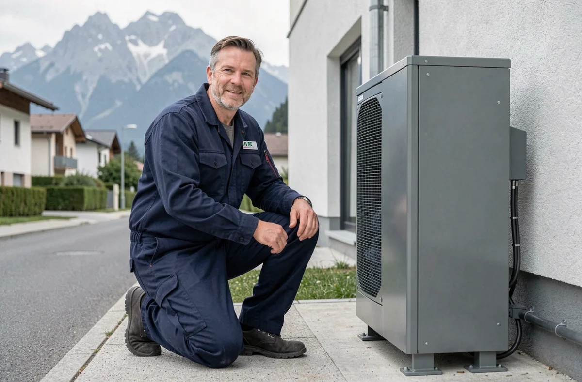 Technicien RGE installant une pompe à chaleur aérothermique sur une maison résidentielle près d'Annecy