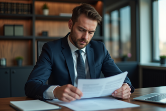 Avocat en costume bleu examine des documents juridiques