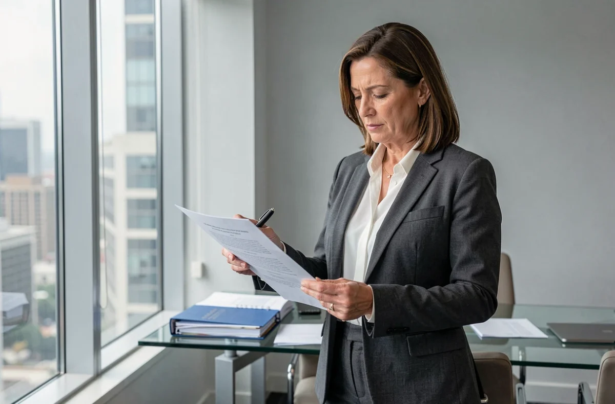 Avocate spécialisée en succession analysant un document notarial dans un bureau moderne