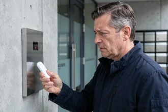 Homme tenant un badge RFID devant un lecteur d'accès résidentiel affichant un voyant rouge de refus