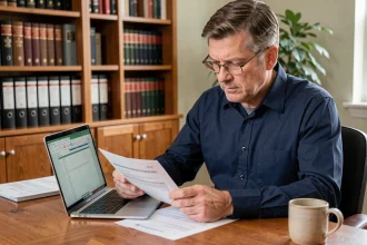 Bailleur immobilier analysant des documents fiscaux liés à la location sur son bureau à domicile