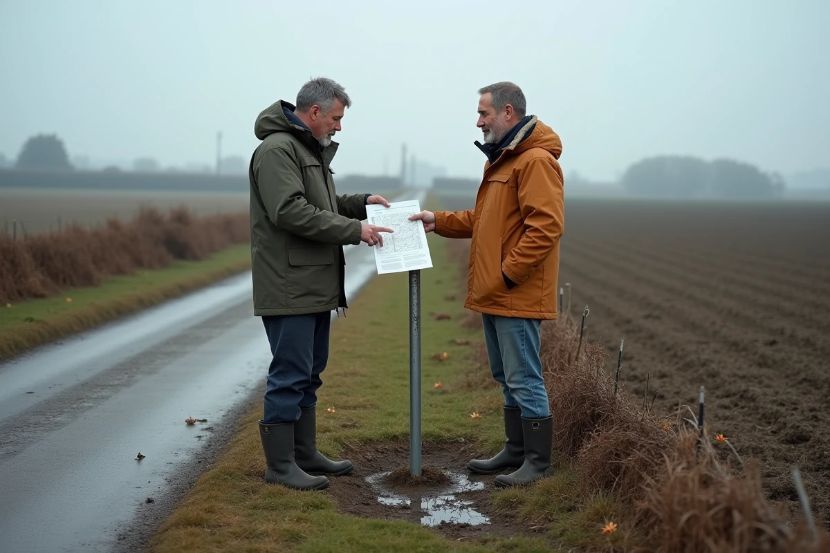 Deux hommes identifiant les limites d'une parcelle agricole avec un document foncier