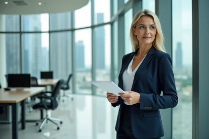 Femme d'affaires dans un bureau moderne avec vue sur la Tour Almas à Dubai JLT