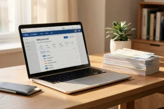 Bureau avec ordinateur portable et factures d'électricité