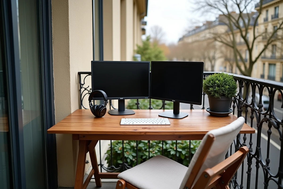 Bureau extérieur aménagé sur un balcon parisien avec ordinateur portable, plantes et vue sur boulevard