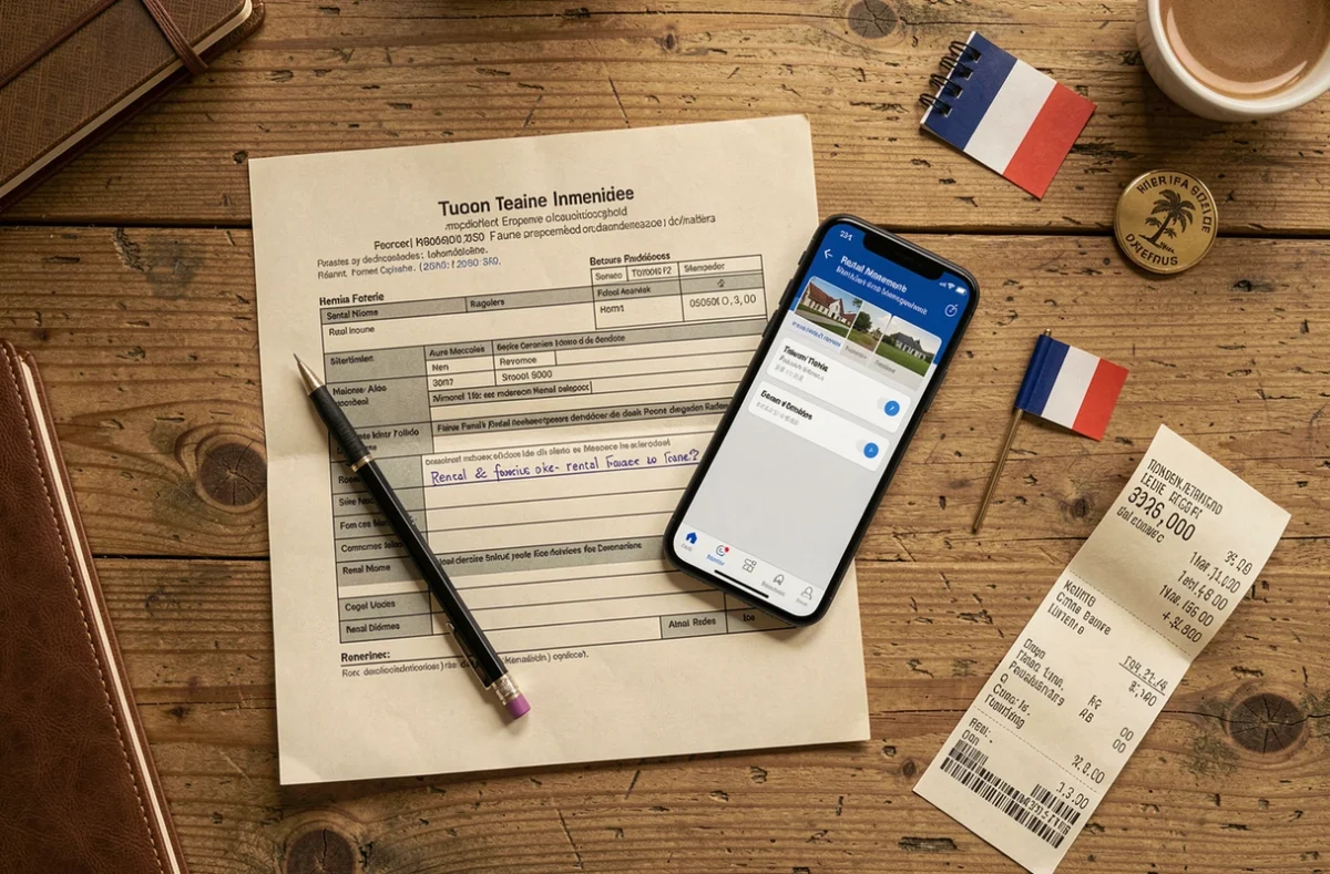 Vue aérienne d'un bureau avec formulaire fiscal de revenus fonciers et outils de gestion locative