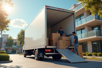 Camion de déménagement moderne devant un immeuble lumineux