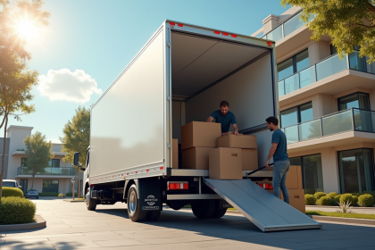 Camion de déménagement moderne devant un immeuble lumineux