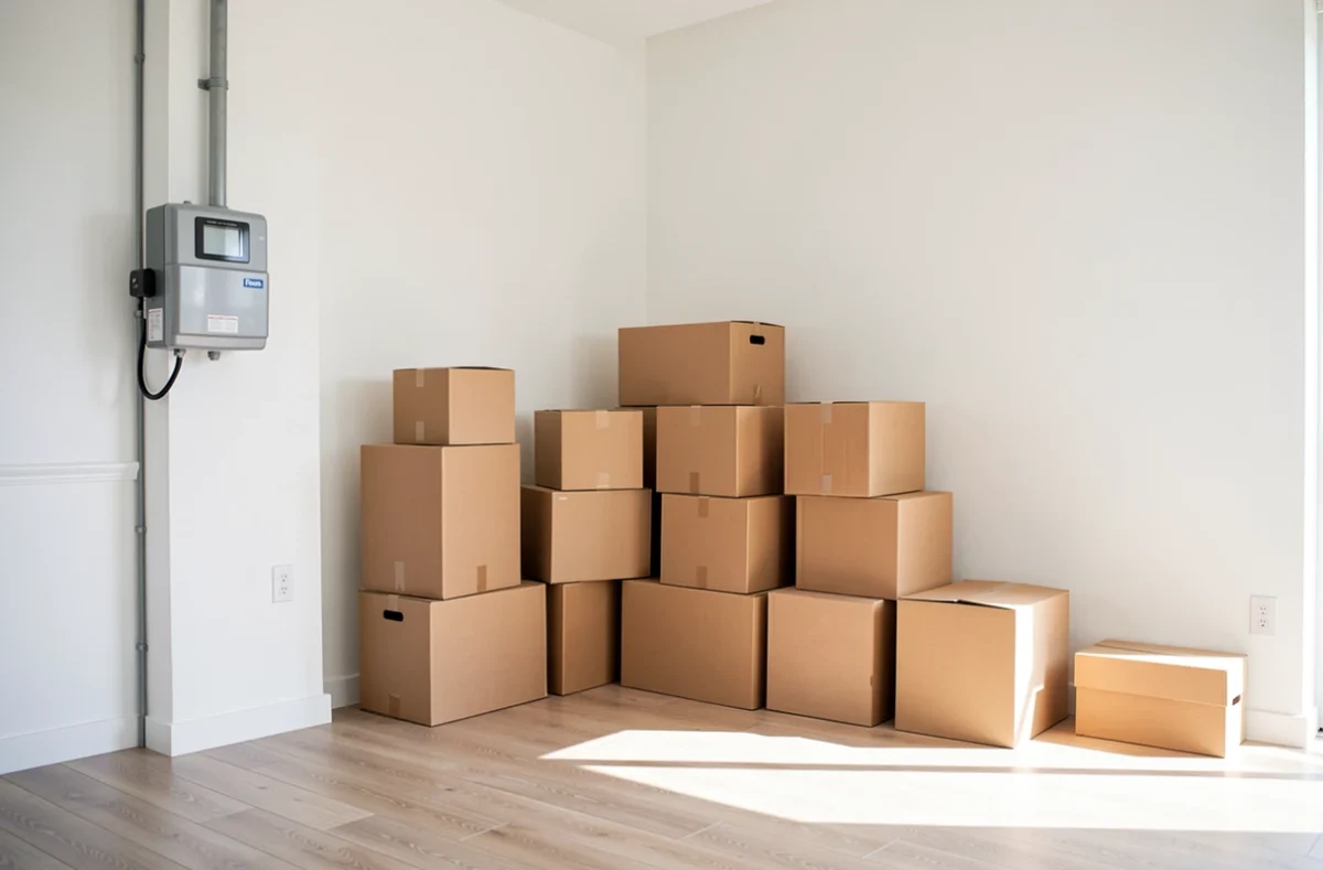 Cartons de déménagement dans un salon vide près d'un compteur électrique