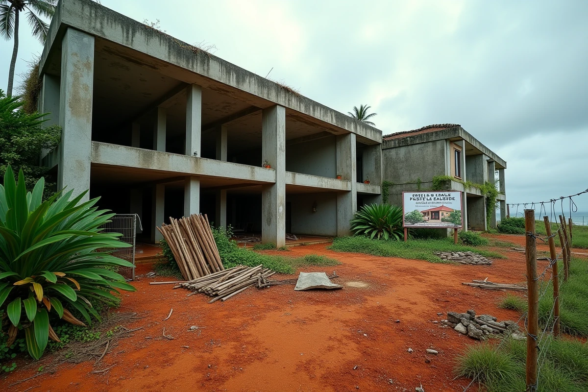 Villa abandonnée en construction à l'île Maurice avec végétation envahissante et panneau immobilier délavé, symbole des risques d'investissement