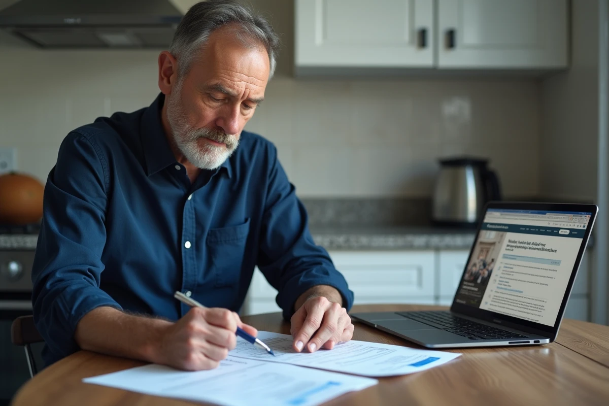 Propriétaire bailleur vérifiant sa check-list APL avec un ordinateur et des documents administratifs