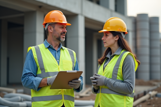 Chef de chantier parlant à une ouvrière sur un site de construction
