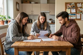 Trois colocataires jeunes adultes autour d'une table examinant des documents d'assurance habitation en colocation