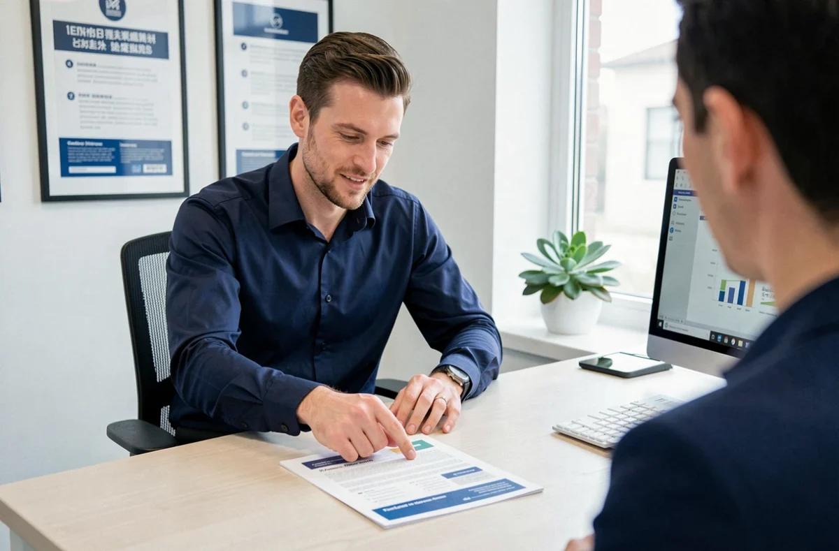 Conseiller en assurance habitation expliquant un contrat à un client dans une agence à Douai