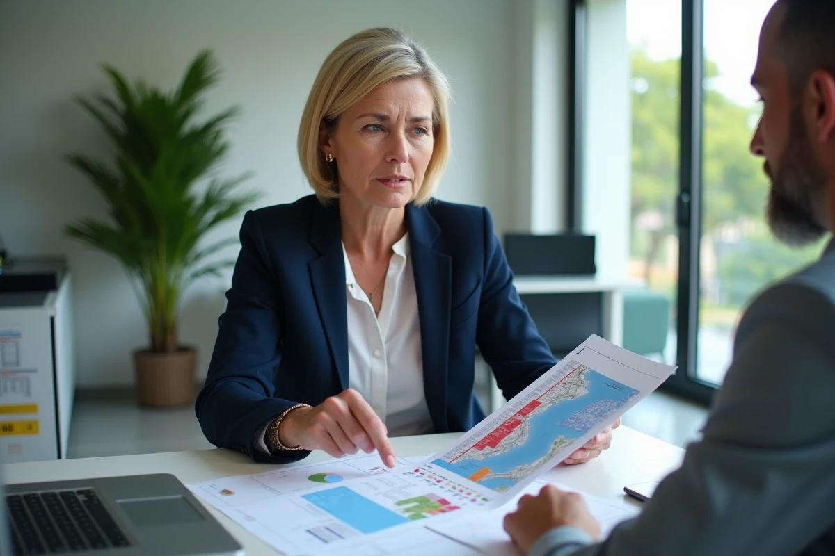 Conseillère immobilière à l'île Maurice mettant en garde un client face à un rapport d'investissement annoté en rouge dans une agence moderne