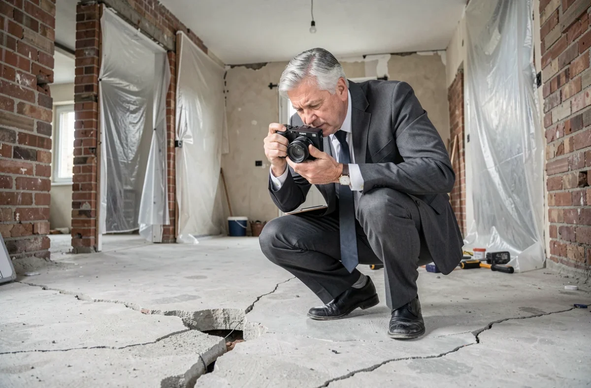 Huissier photographiant les dégâts intérieurs d'un appartement lors d'un constat avant rénovation