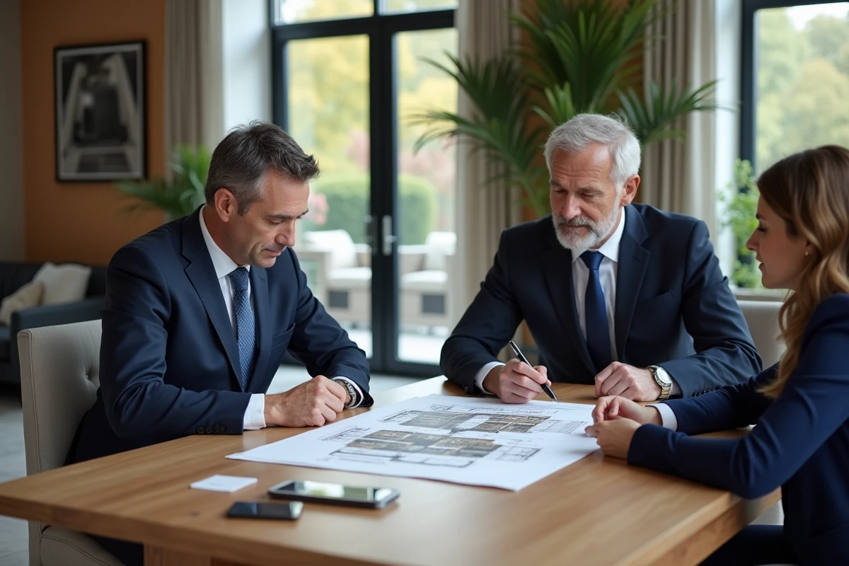 Consultant immobilier en costume bleu examinant des plans