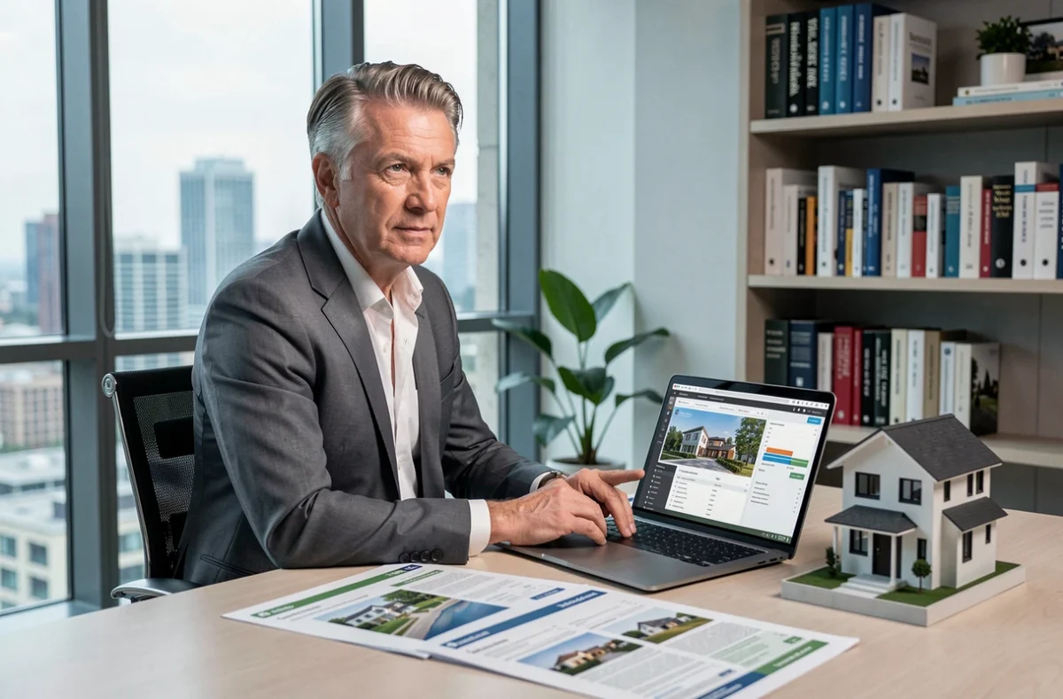 Consultant immobilier analysant une estimation de bien immobilier dans un bureau moderne avec vue urbaine