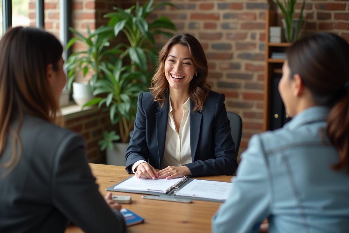 Jeune femme consultante immobiliere discute avec deux clients autour d